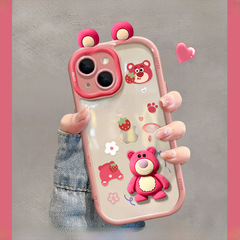 適用蘋果14promax手機殼新女款iPhone13可愛立體草莓熊公仔12硅膠