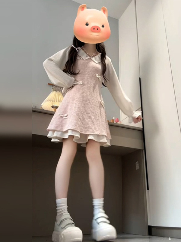 小个子绝美粉色连衣裙子女初秋季2025新爆款假两件miu系穿搭短裙|undefined