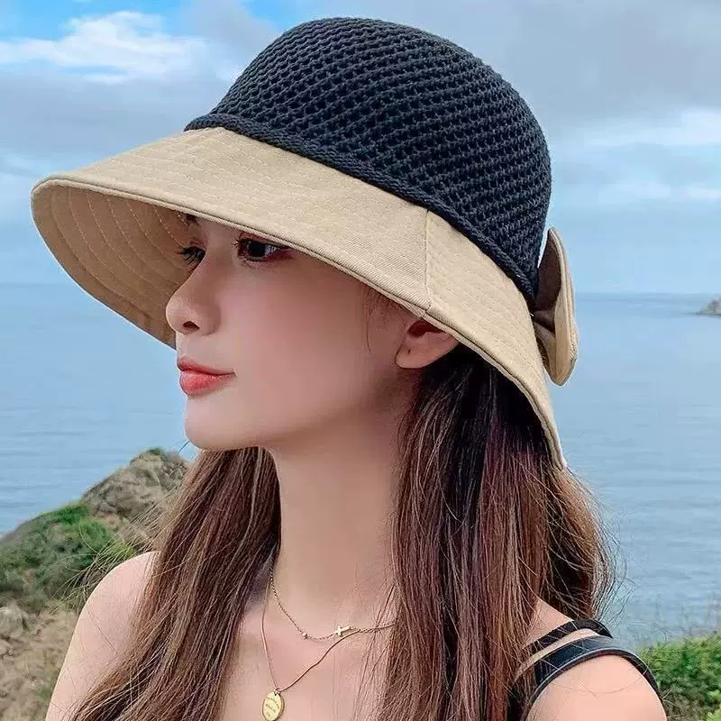 遮阳防晒帽子女夏季骑行薄款太阳帽显脸小百搭蝴蝶结镂空渔夫帽