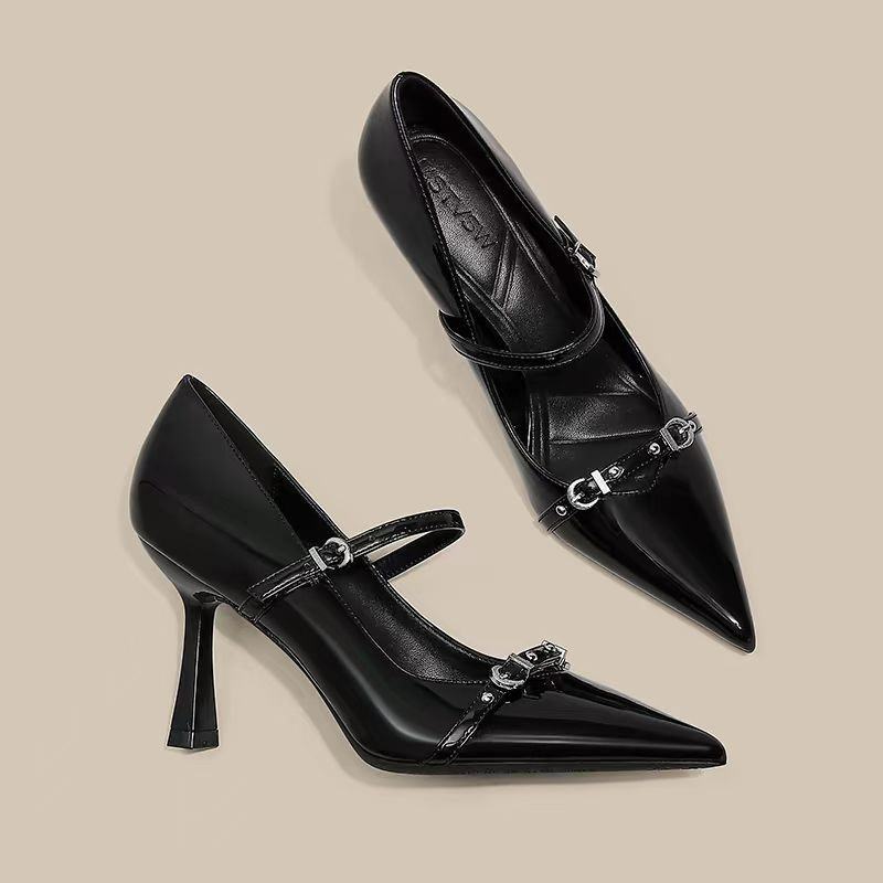 2025 Fall New Black Elegant Single-Strap Stiletto High For Women, Niche Metal Buckle Pointed Toe Shallow Heels_vogvips.com