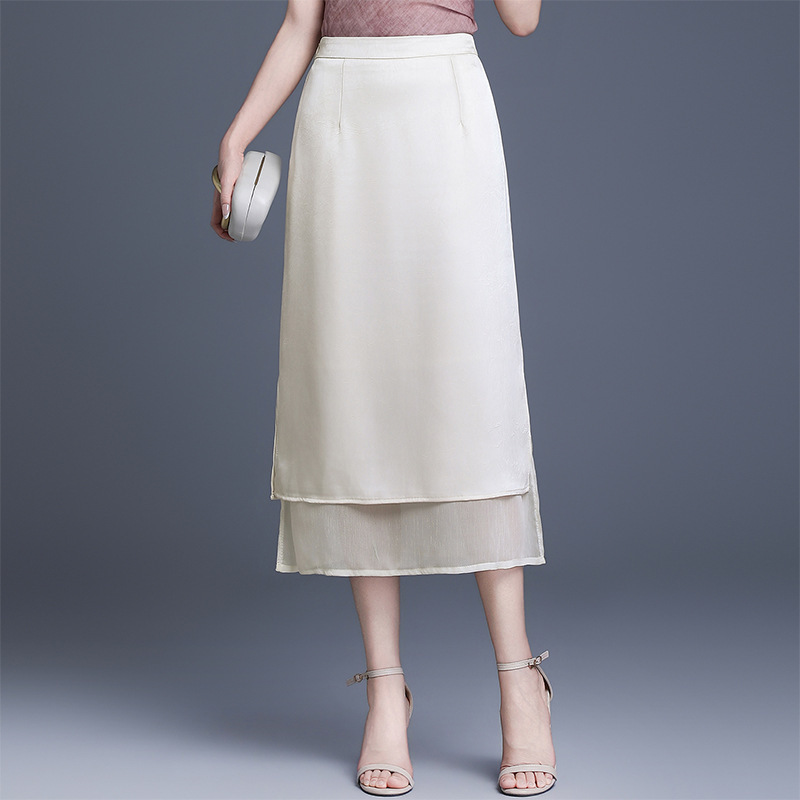 Satin Straight Skirt Spring 2026 Summer New Style Double-Layered Mid-Length Skirt with Side Slits One-Step Skirt Satin Straight Skirt Spring 2026 Summer New Style Double-Layered Mid-Length Skirt with Side Slits One-Step Skirt