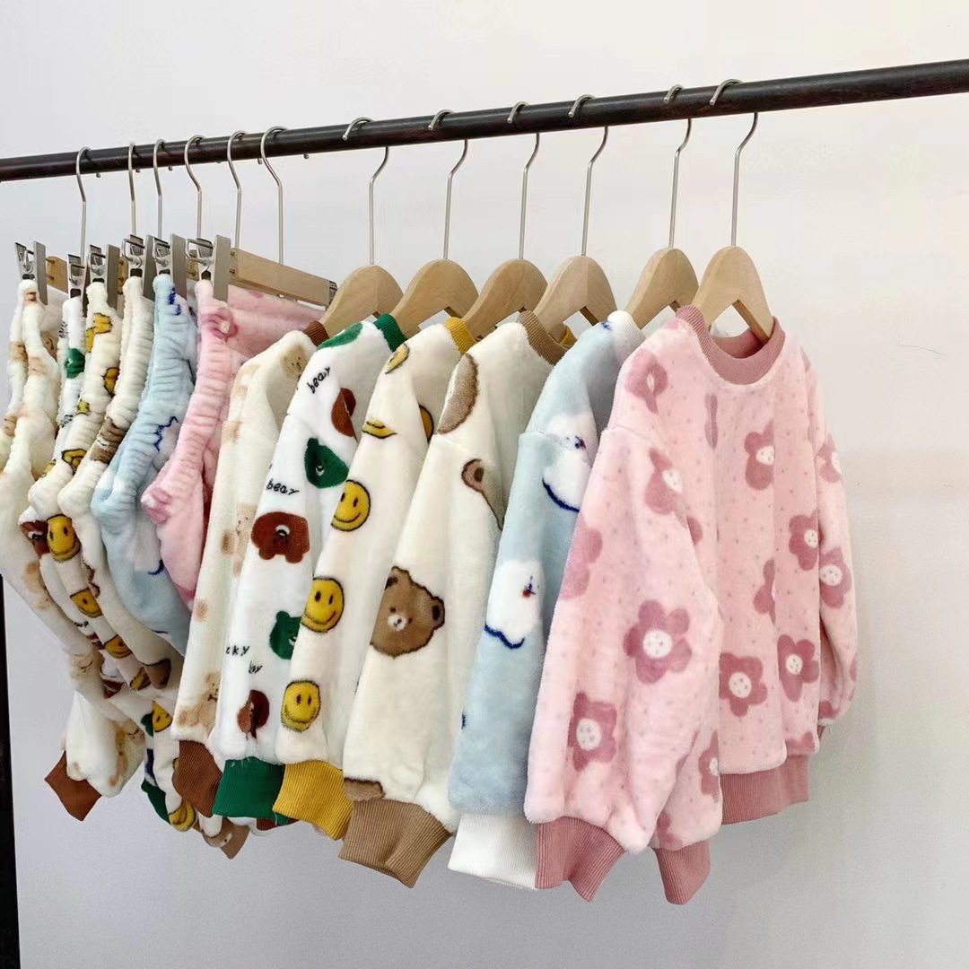 2024年冬装新款双面绒卡通印花家居服毛毛加绒套头衫长裤男女宝宝