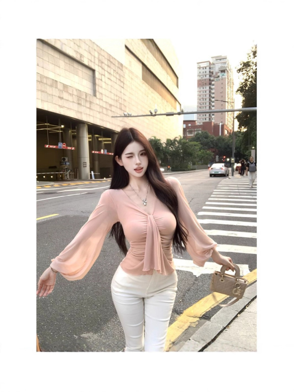 【工厂现货】温柔纯欲氛围感修身褶皱v领弹力长袖T恤上衣早秋|undefined