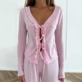 跨境欧美风系带开衫小上衣居家套装女装薄款休闲木耳边睡衣两件套
