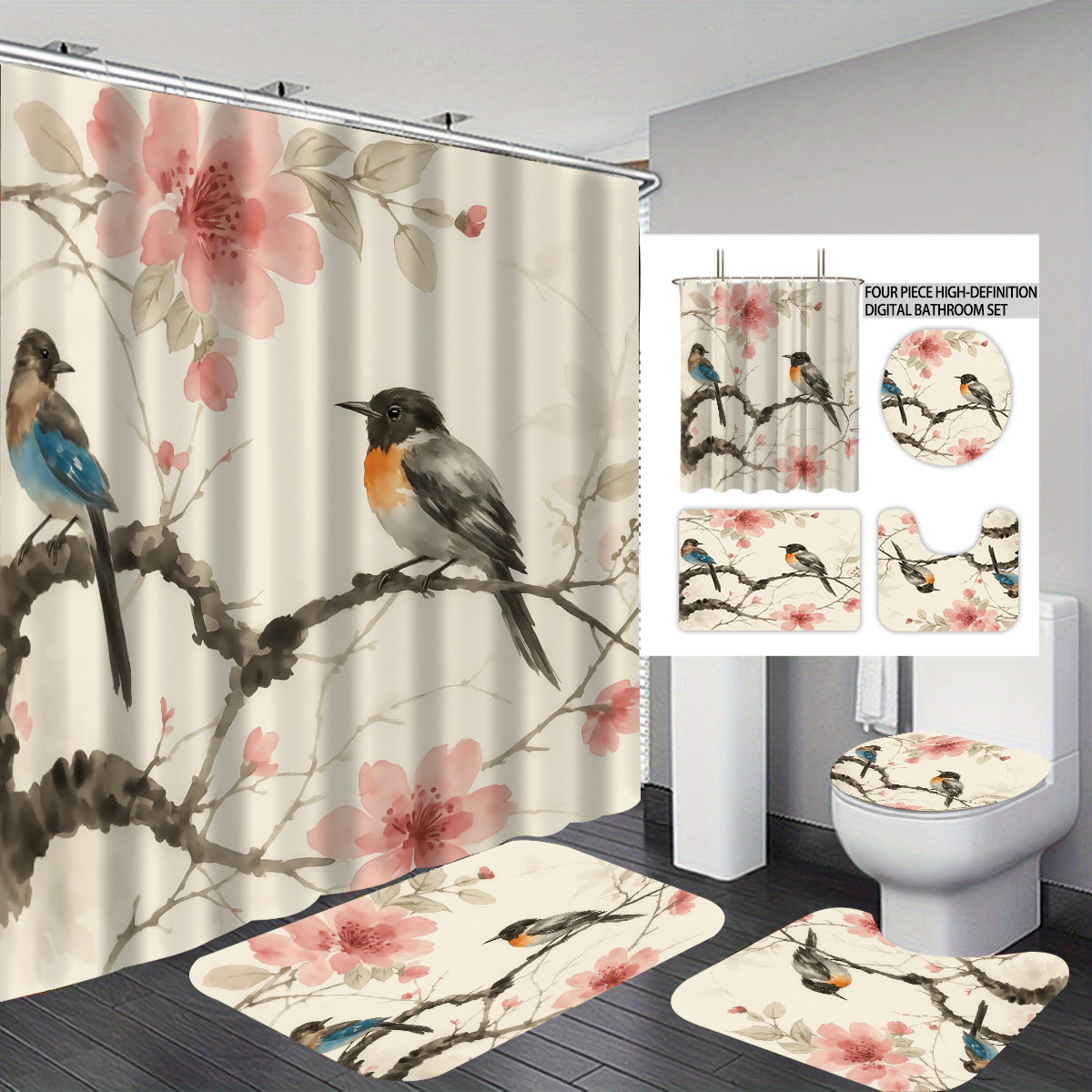 Agente de poliéster Mei Ke más cortina de baño impermeable serie de agua floral 3D impresión digital cortina de baño cuatro piezas alfombra absorbente