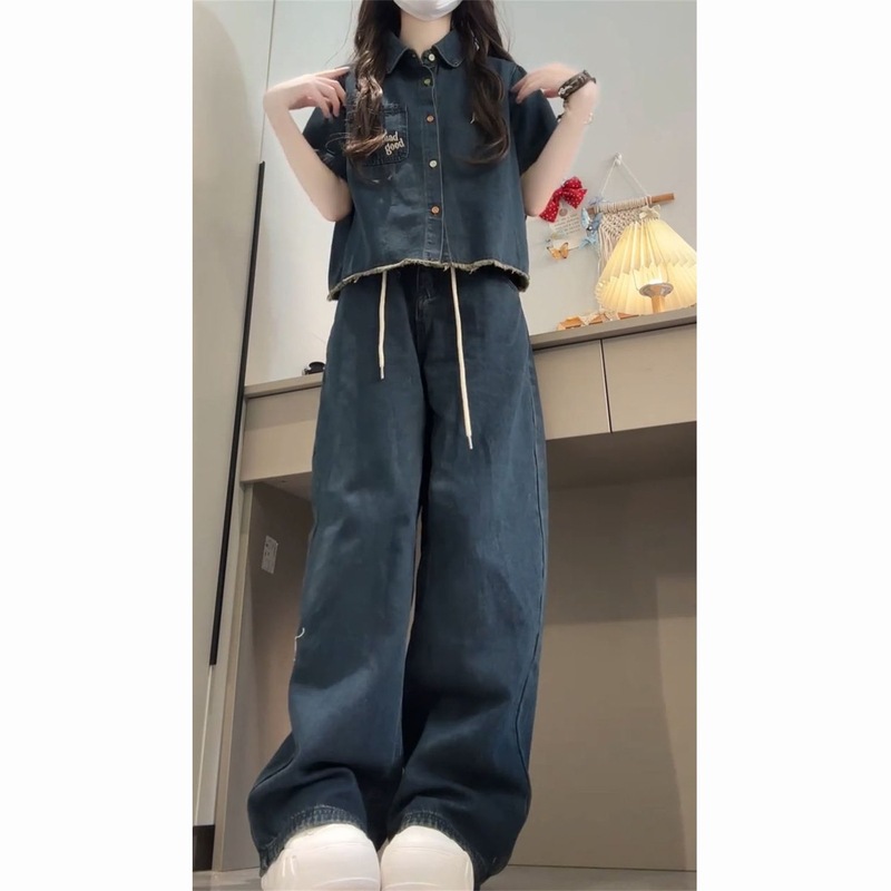 一整套韩式学院风宽松小猫绣花牛仔衬衫搭配牛仔阔腿裤女学生穿搭|undefined