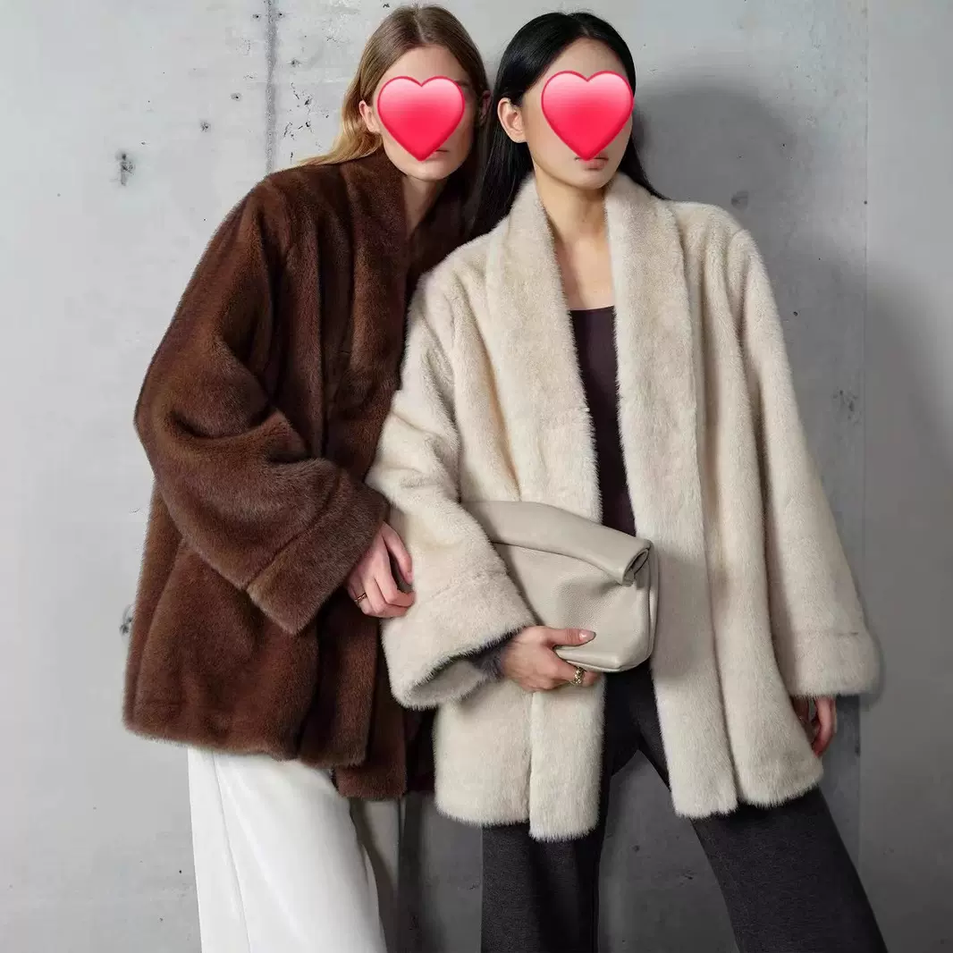皮草大衣女中长款皮毛一体新款环保仿水貂外套 慵懒风仿貂毛外套