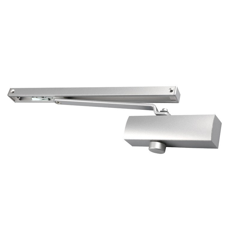 Cierrapuertas hidráulico tipo riel con brazo deslizante expuesto, cierrapuertas con posicionamiento arbitrario para puertas cortafuegos y puertas de seguridad.