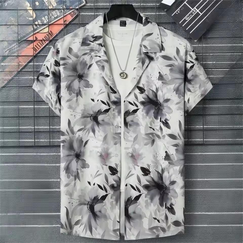 Camisa hawaiana de solapa de un solo pecho de manga corta suelta para hombre, estampado geométrico simple en color de contraste 3D