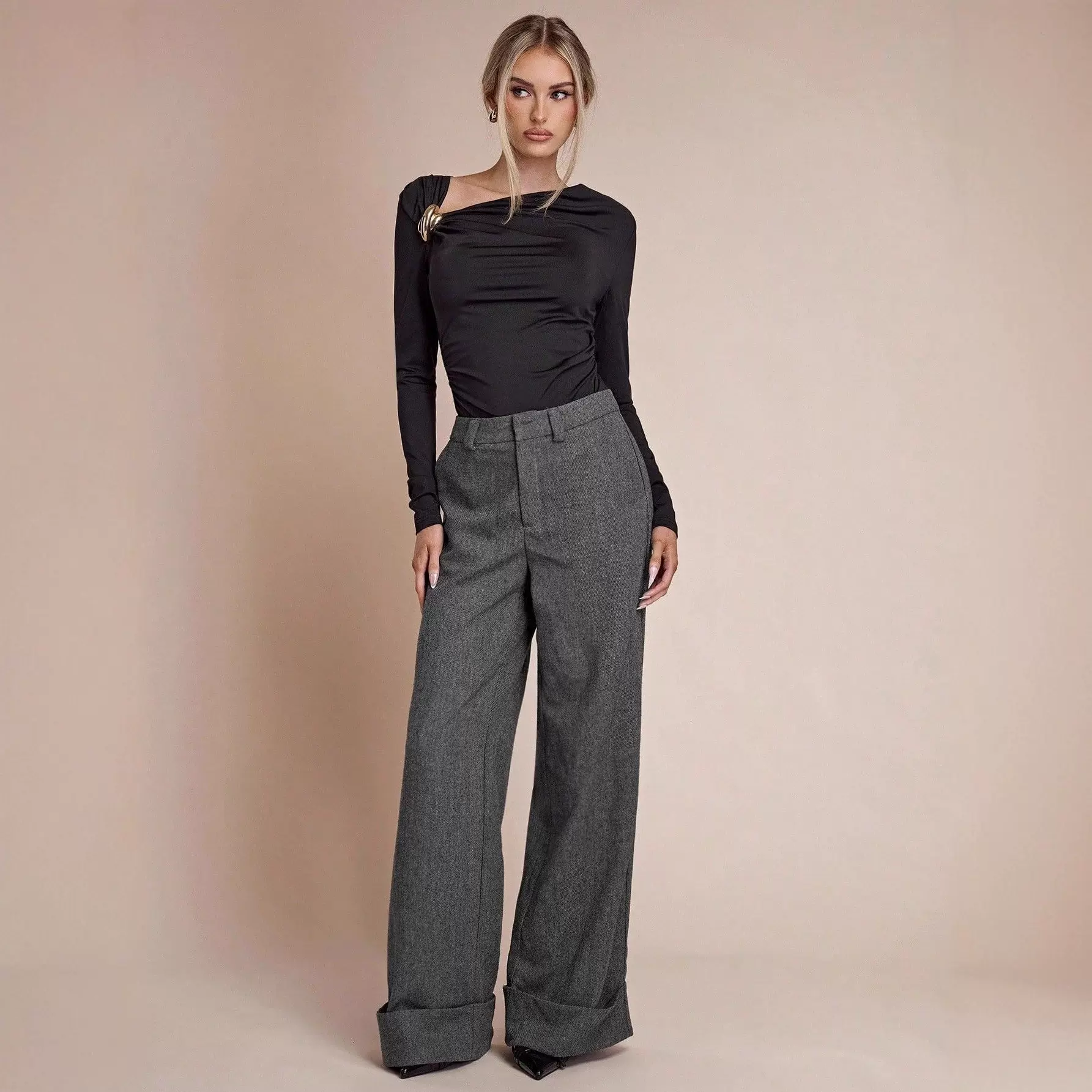 女式灰色复古女西裤不对称设计感立体垂感时尚休闲口袋下摆休闲裤