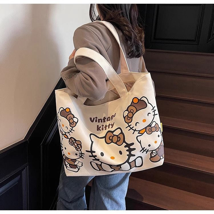 Cartoon canvas single-shoulder bag, women's large-capacity commuter tote bag, Spring/Summer 2025, cute cat tote bag, cross-border undefined