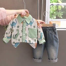 男童春装套装2025新款宝宝小树恐龙衬衣1-5岁小男孩帅气长袖衣服