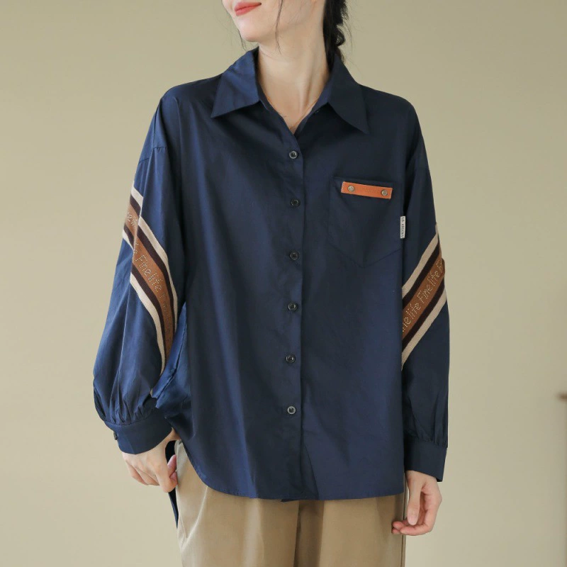 Настоящий выстрел 2023 Осень Новая мода 200 кг Толстая сестра плюс размер женская Свободная рубашка с воротником и длинным рукавом