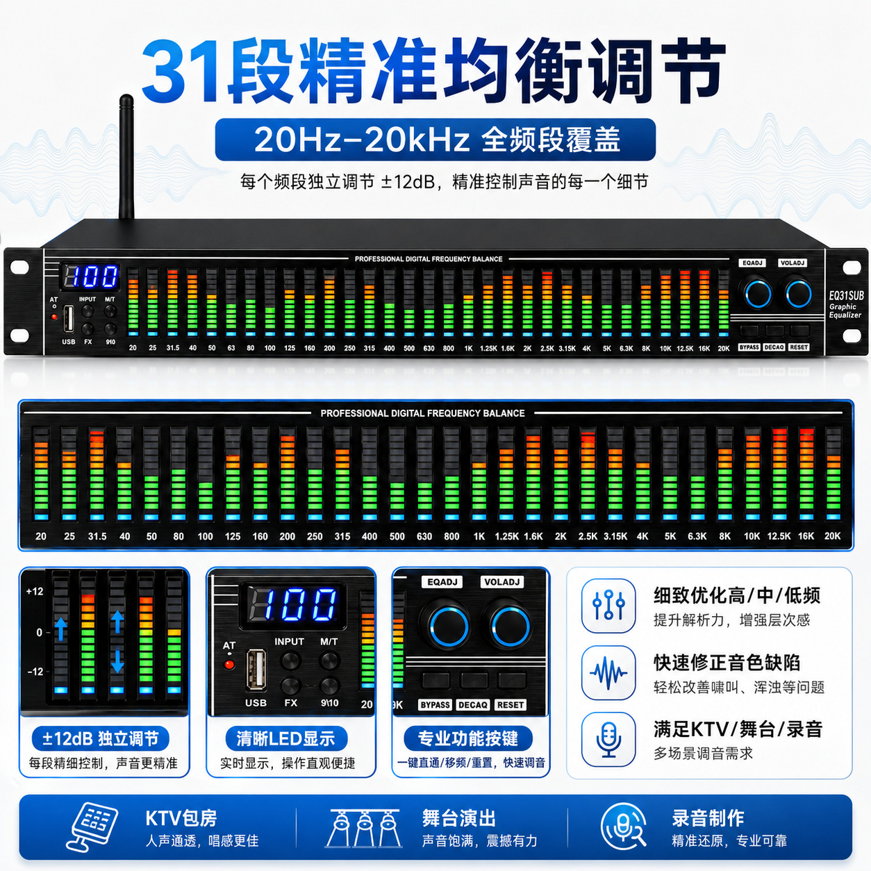 Ecualizador Digital de 31 Bandas EQ31 con Bluetooth y Reducción Inteligente de Ruido