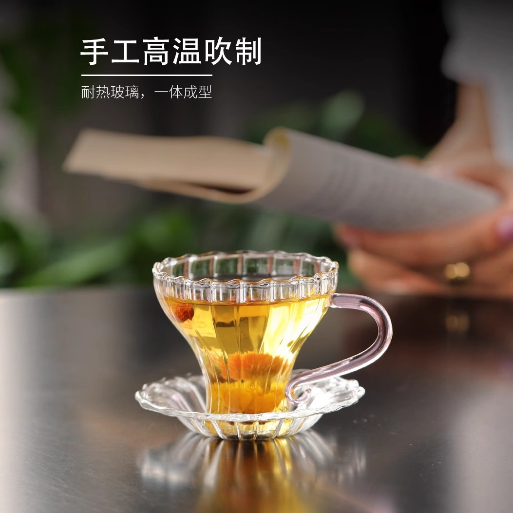玻璃小茶杯带把女士品茗杯单只功夫茶普洱茶杯带杯垫咖啡杯斗笠杯