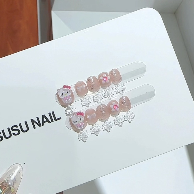 [Children's Nails - Pink Hello Kitty] Cute Girls' Children's Pure Handmade Non-Toxic Nail Pieces