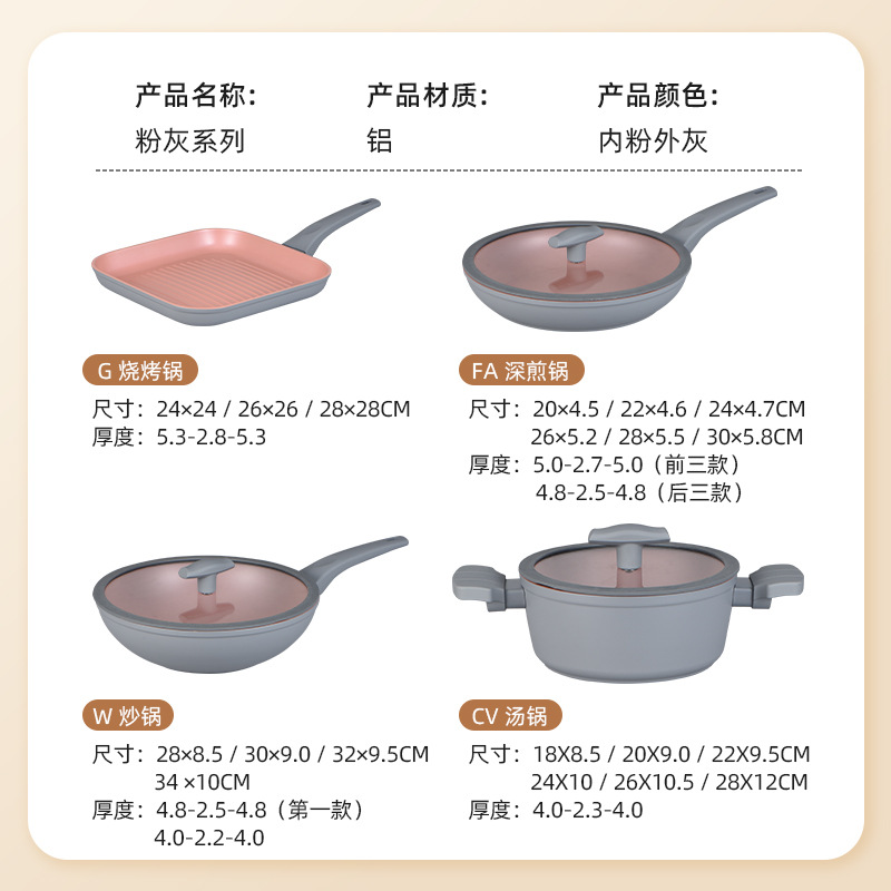 Personalizada serie de polvo de ceniza profunda sartén antiadherente conjunto de sartén serie de alto espesor imitación de prensa de aluminio clásico