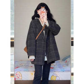 格子西装毛呢外套女秋冬新款韩系赫本风短款小个子大衣高级感