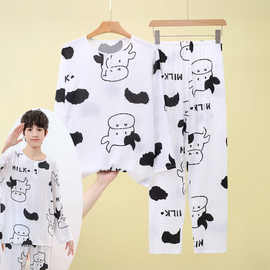 夏季青少年绵绸男士睡衣套装棉绸空调家居服长袖裤薄款中大童学生