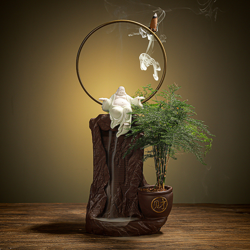 Cinnabar Backflow Incense burner ceramics Decoration Rockery Green plant Floral organ Ikebana Incense Vaporizer Buddhist mood Home Furnishing Soft loading