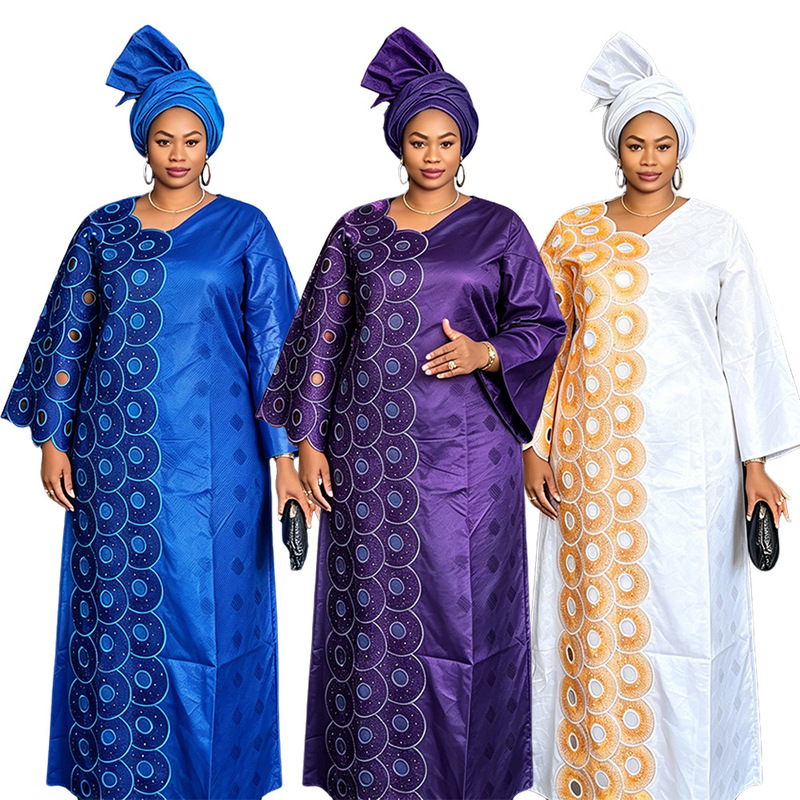 Cross-Border African Plus-Size Embroidered Dress Amazon Aliexpress Foreign Trade Women's New Fashion Long Robe with Headscarf Cross-Border African Plus-Size Embroidered Dress Amazon Aliexpress Foreign Trade Women's New Fashion Long Robe with Headscarf