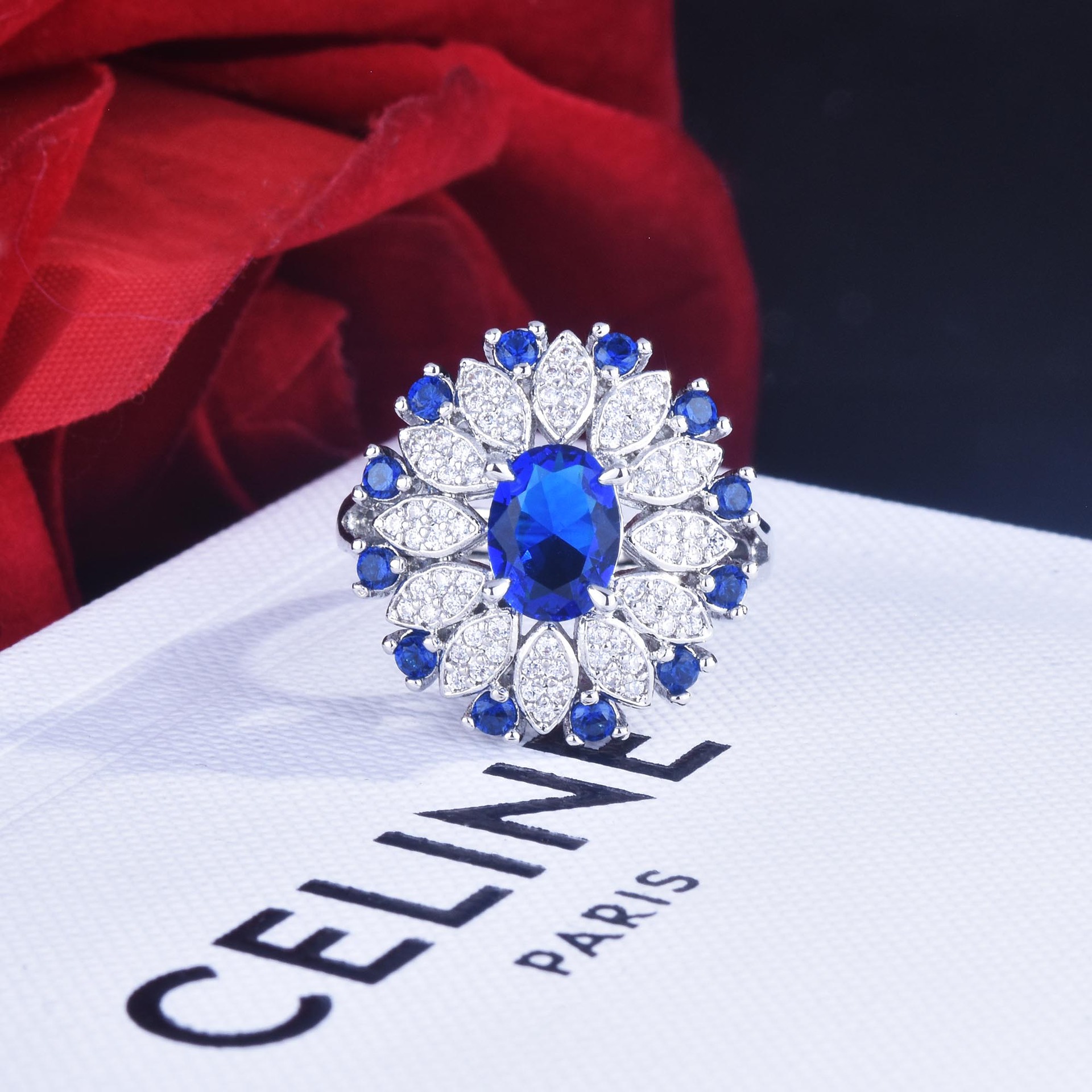 Fashion Imitation Sapphire Ring 2 Carat European And American Three-dimensional Color Treasure Open Ring Female display picture 3