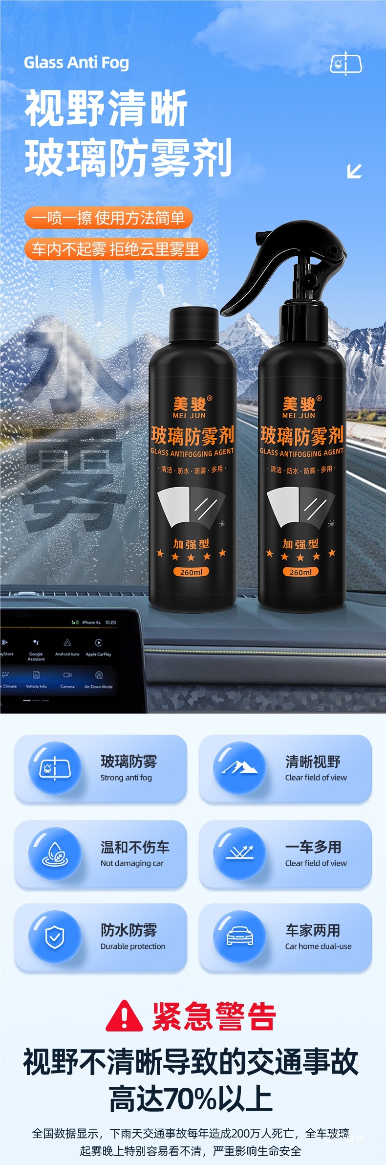Meijun Car Glass Anti-Fog Agent Front Windshield Long-Lasting Non-Fogging Car Window Rearview Mirror Defogging Window