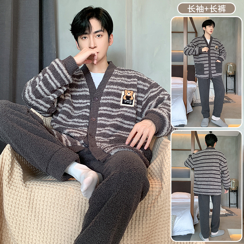 산호 양털 남성 잠옷 가을 | 겨울 카디건 긴 소매와 지방을 따뜻하게 유지하는 200KG 청소년 가정 의류 세트