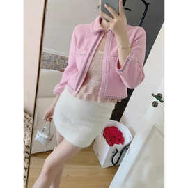 粉色娃娃领甜美小香风显瘦百搭珍珠链条编织针织开衫女2025春新