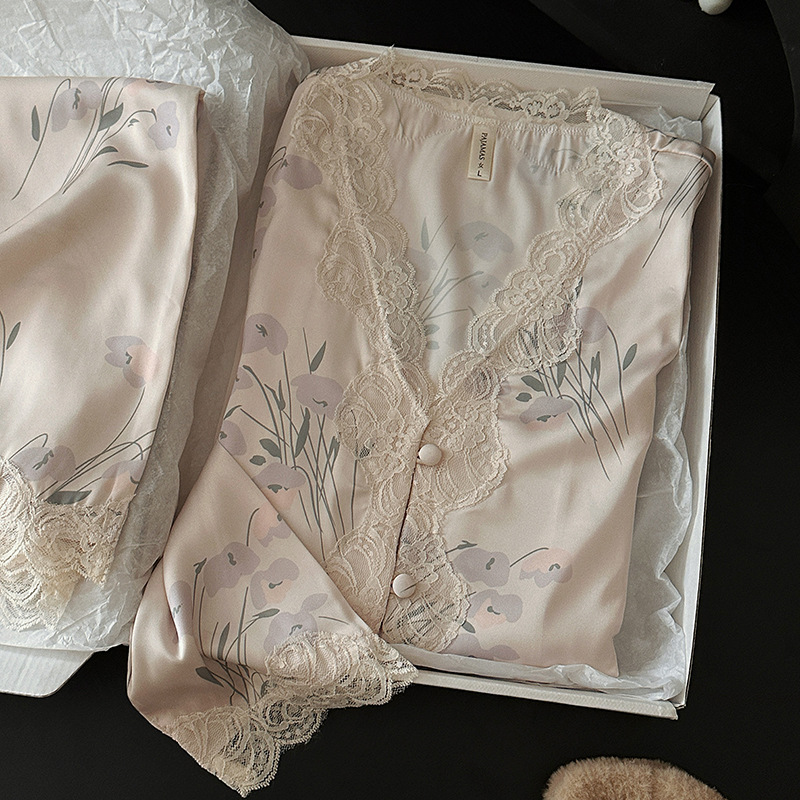 2025 New Style Lace Elegant Flower Light Luxury Ice and Snow Silk Pajamas Women's V-Neck Long Sleeve Trousers High-grade Home Clothes