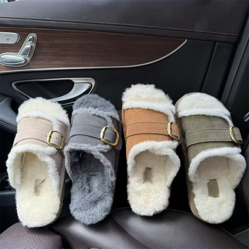 New Style Metal Buckle Casual Flat Slippers for Women, Genuine Leather Snow Boots with Added Fleece for Warmth, Suitable for Indoor and Outdoor Use