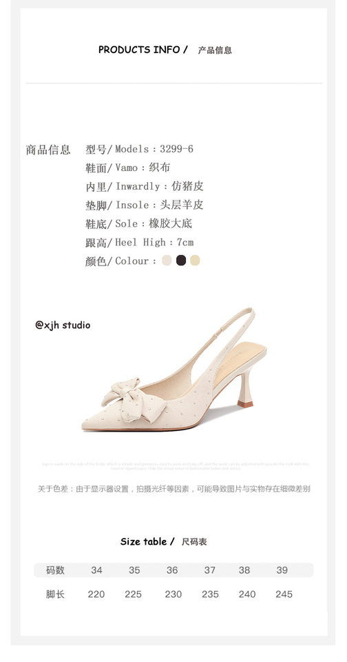 Giày sandal nữ bít mũi mũi nhọn gót mảnh đính đá nơ quai ngang, gót 6–8 cm — Màu mơ, Màu đen chi tiết 4