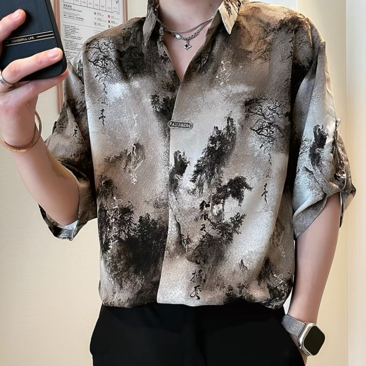 Men's Ink Painting Short-sleeved Shirt Casual Rippie Handsome Men's Top 2024 New Summer Thin Shirt Ice Silk Shirt