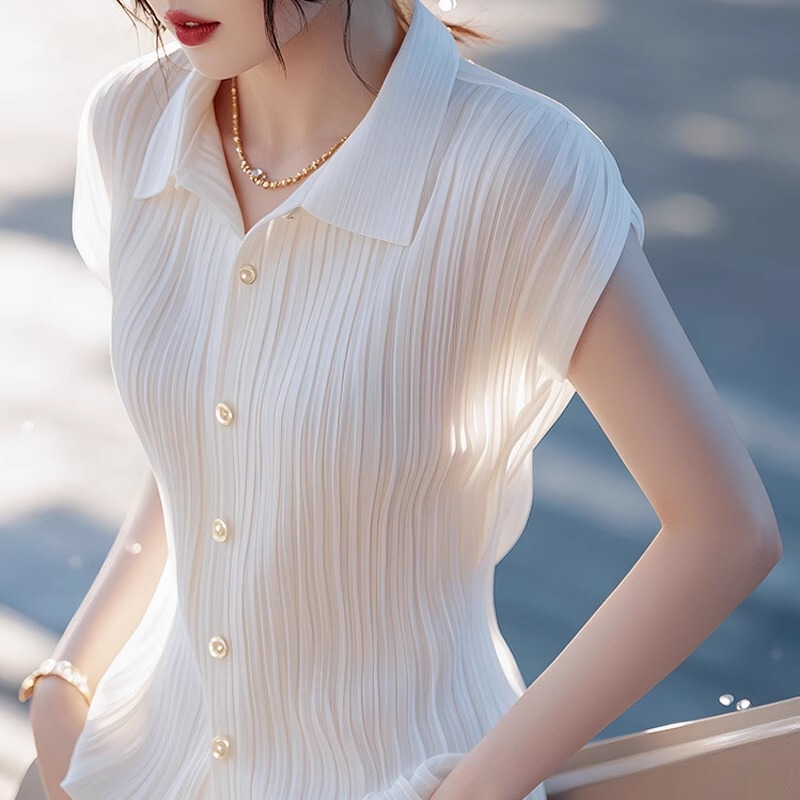French Style Elegant Super Good-looking White Lapel Short-sleeved Shirt Women's Summer Chic Super Good-looking Elegant Thin Top