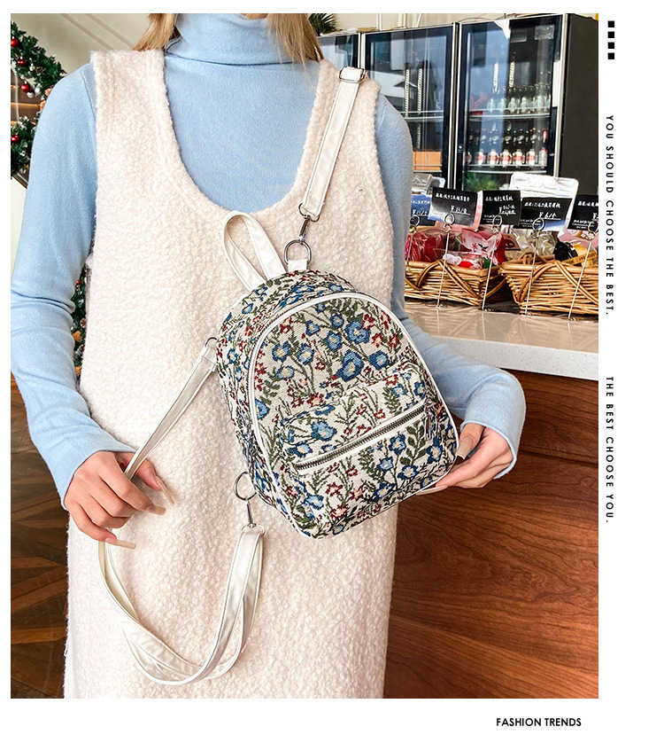 594g Weight Women's Pu Leather Flower Streetwear Sewing Thread Oval Zipper Functional Backpack
