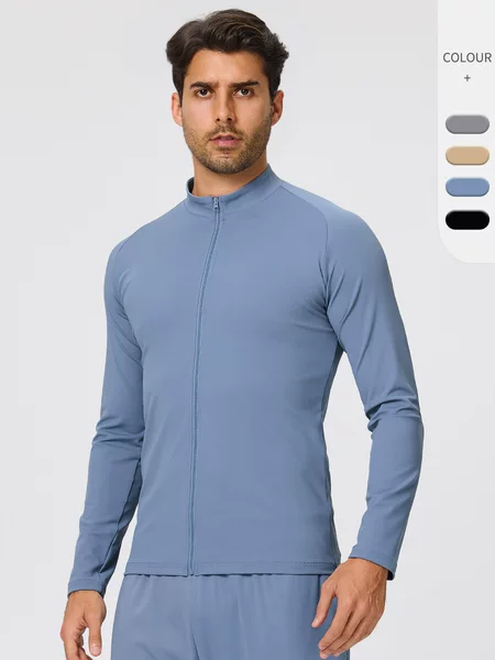 European and American men's sports jacket, high elasticity, moisture-wicking, sweat-repellent, for running and fitness, with zipper, half-high collar, long-sleeved cardigan 61616