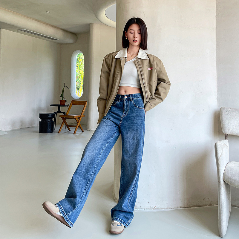 가을 2024 새로운 하이 엔드 와이드 레그 청바지 여성의 좁은 스트레이트 루즈 슬리밍 간단한 올 매치 도마 바지