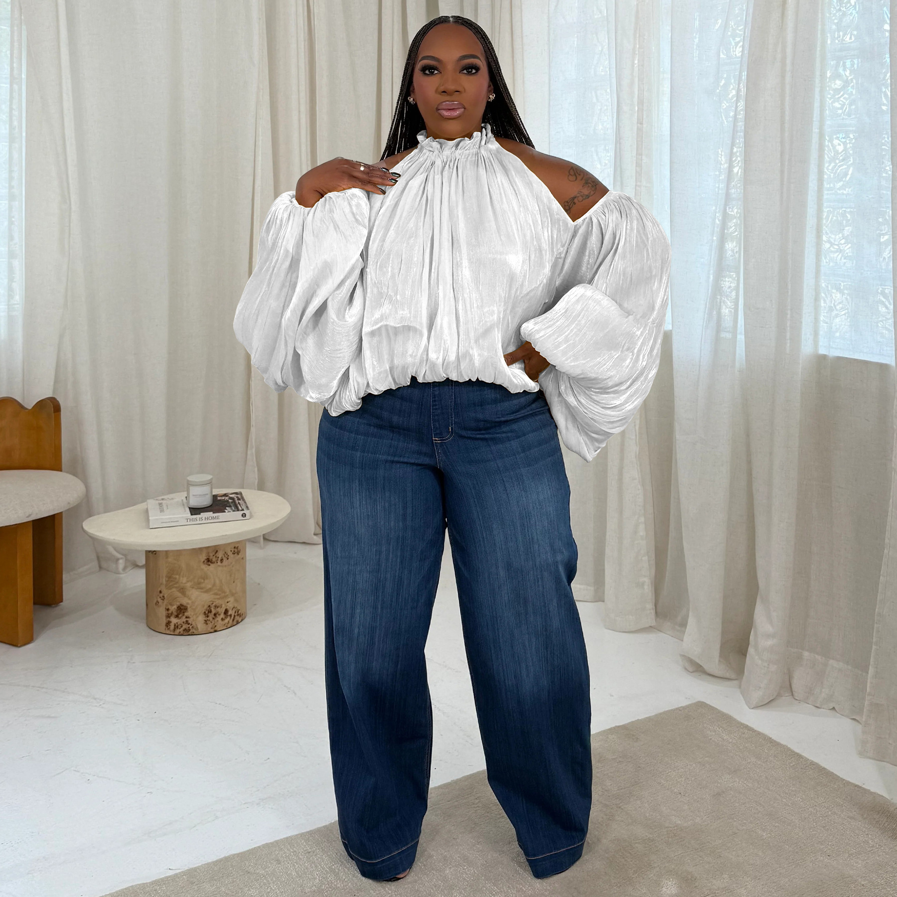 Damen-Organza-Top N8147, locker geschnitten, schulterfrei, mit Laternenärmeln, langen Ärmeln und Rückenbindeband, Herbsttop_voghion.com