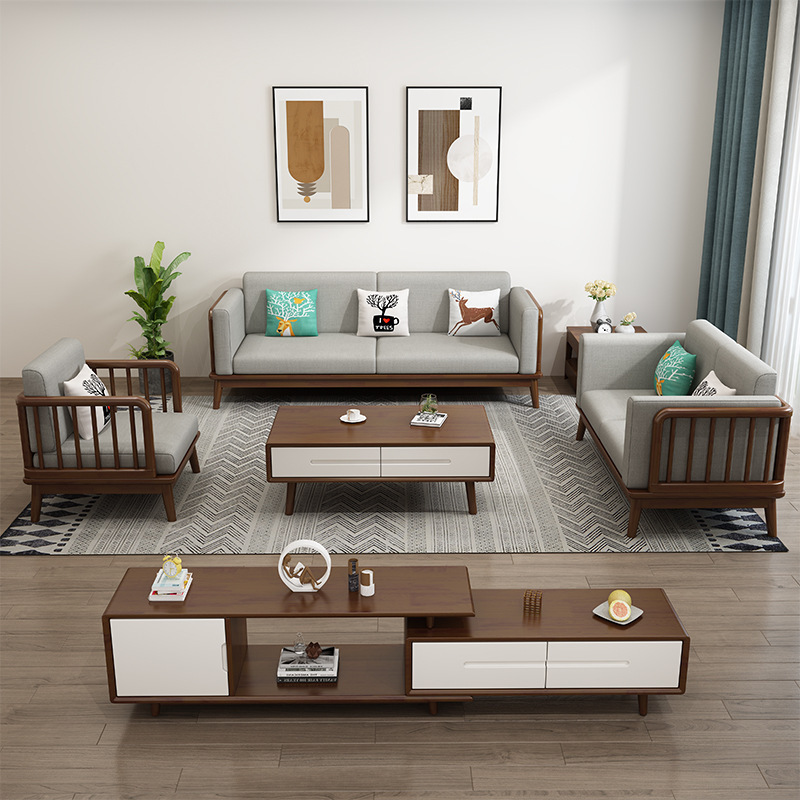 Invierno y Verano de doble uso nórdico de madera maciza sofá tela simple pequeño apartamento de tres asientos concubina imperial blanco mesa de café combinación