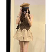 韩系时尚套装女2024夏季气质西装领马甲+休闲阔腿短裤两件套