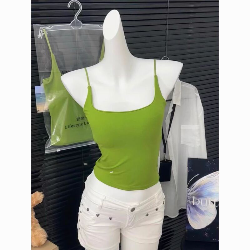 Summer dopamine green short camisole for women, 2026 new style, beautiful back design, suitable for outerwear, green-themed outfit Summer dopamine green short camisole for women, 2026 new style, beautiful back design, suitable for outerwear, green-themed outfit
