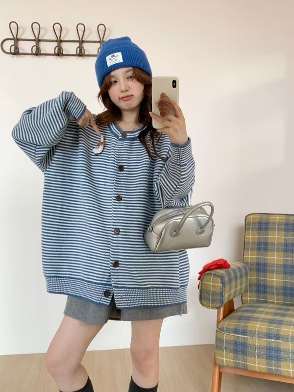 甜美学院风条纹开衫毛衣女2025秋冬新款宽松休闲灯笼袖针织外套潮|undefined