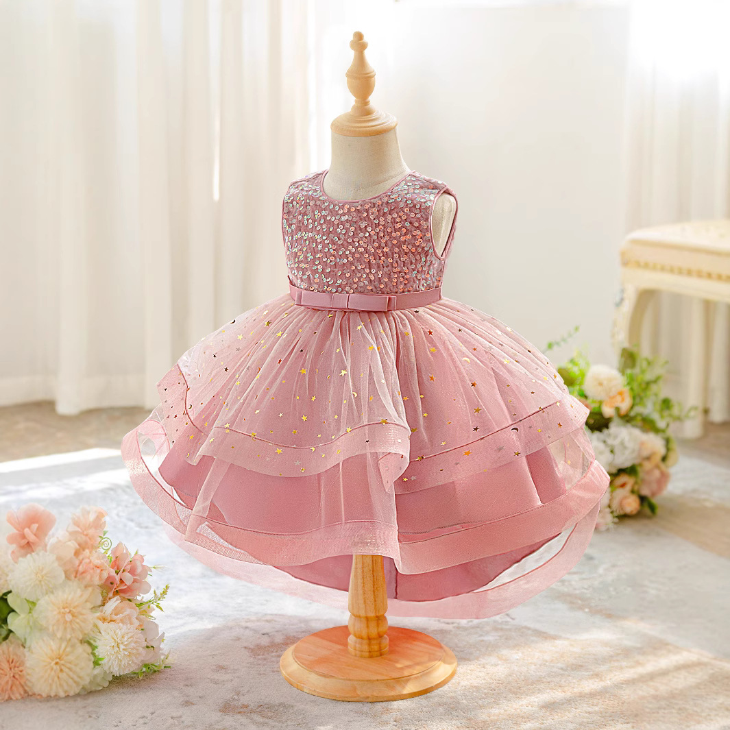 Vestido para niños, vestido de princesa, hilo esponjoso con lentejuelas, vestido de fiesta de niña de flores, vestido de lavado de un año para bebés