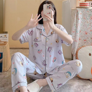 Pajamas Women's Summer Woven Bubble Cotton Wrinkled Cloth Ins Princess Style Cute Short-sleeved Trousers Thin Home Clothes suit