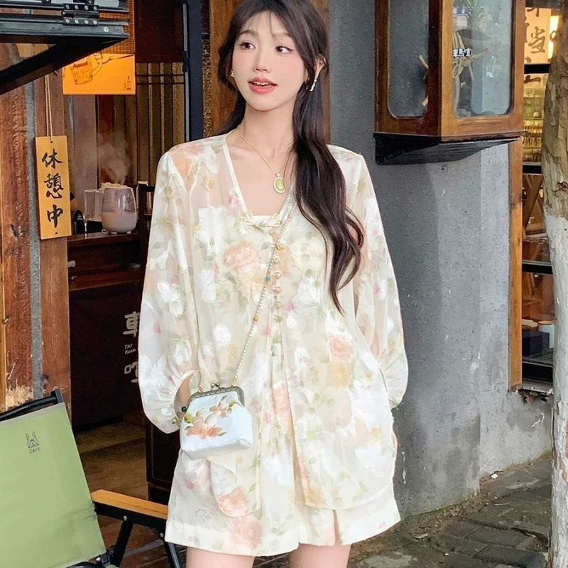 Летний костюм 2025 года в китайском стиле: элегантная куртка, топ, рубашка, шорты с принтом, новый модный комплект из двух предметов для женщин
