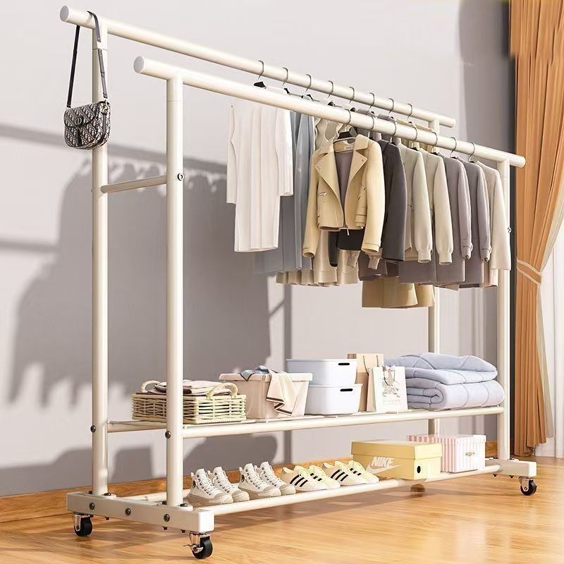 New Extra Thick Clothes Drying Rack Double Pole Coat Rack Floor-Standing Vertical Home Bedroom Balcony 25 Tube Clothes Hanger Extra Thick