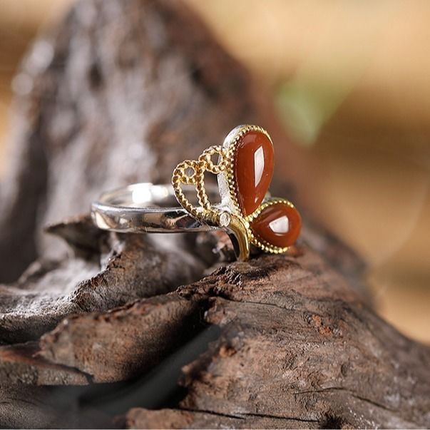 자연 모조 HETIAN 옥 붉은 나비 컬러 반지 궁전 복고풍 상감 지르콘 잠자리 RUYI 반지 보석