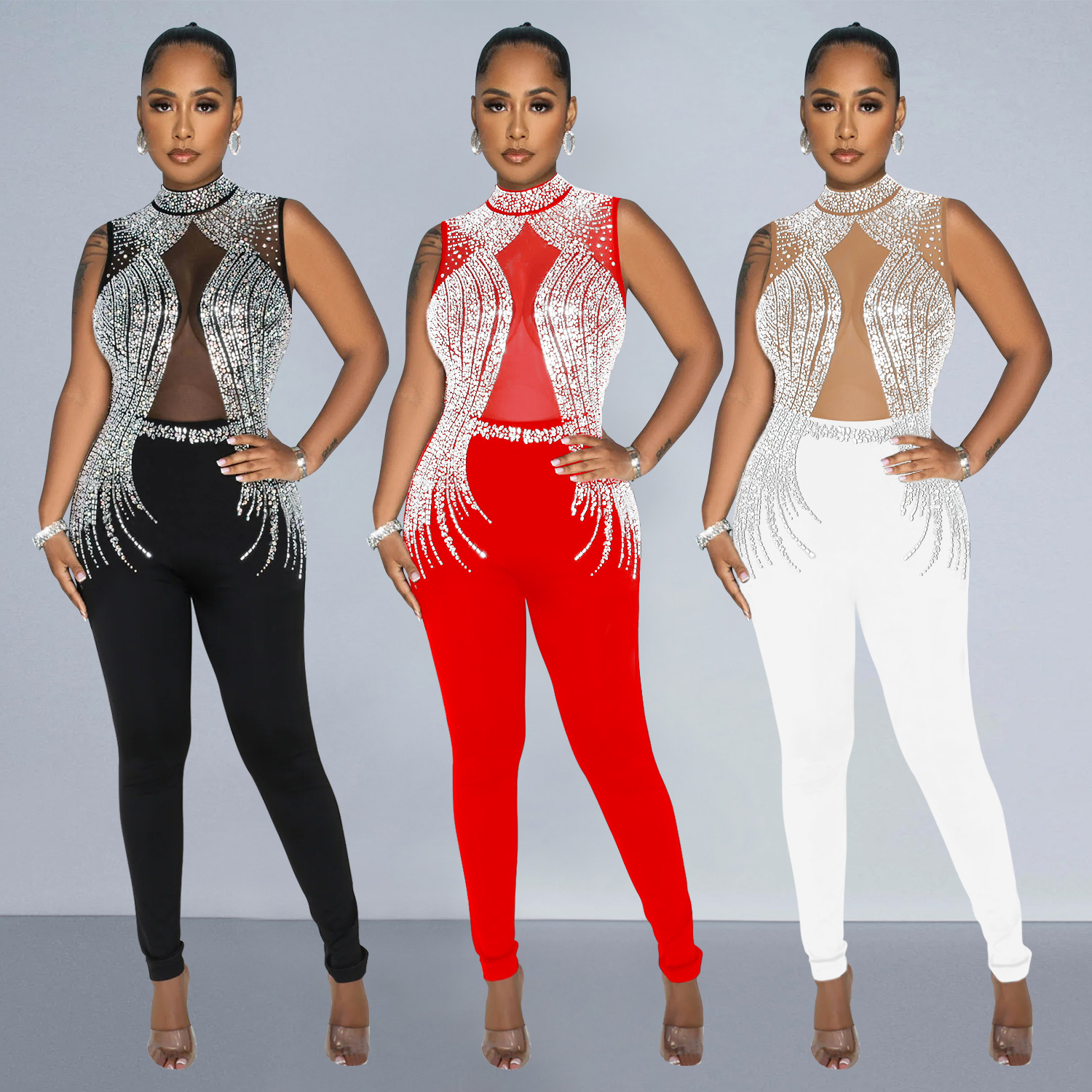C6931 Aliexpress transfronterizo Amazon Europa y América ropa de moda de mujer de color sólido malla de diamante pantalones sin mangas