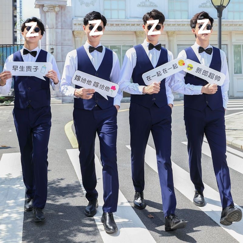 伴郎服团服兄弟装夏季西服男衬衫兄弟衣服礼服马甲三件套西装套装