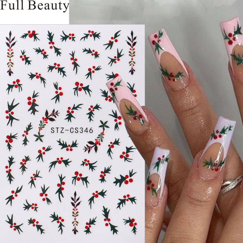FULL BEAUTY跨境新款美甲贴纸圣诞节绿色叶子红色浆果美甲贴纸|undefined
